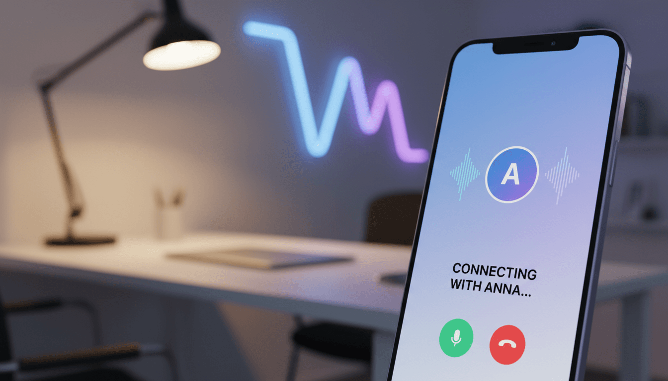 Smartphone zeigt Voxera KI-Assistenten Interface mit Anrufverwaltung