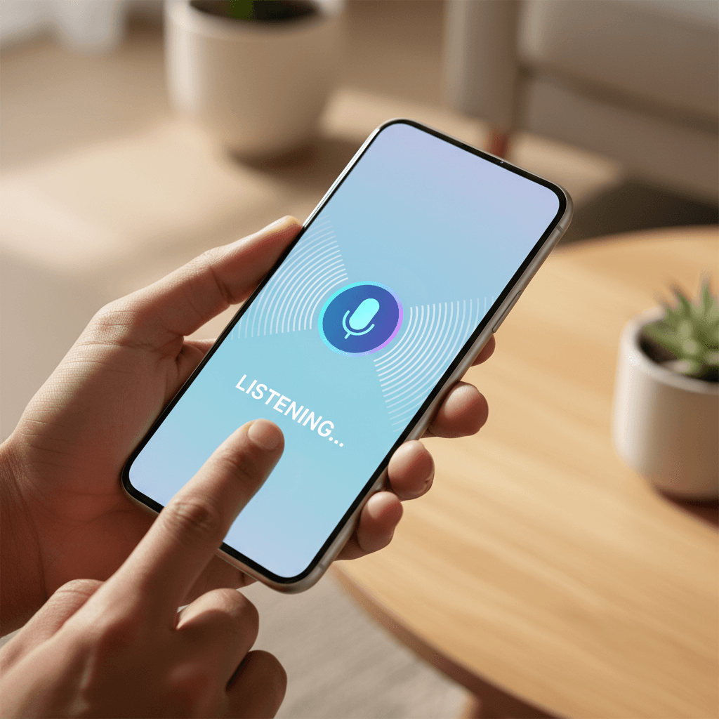 Close-up of hand holding smartphone with voice assistant interface showing animated sound waves and microphone icon